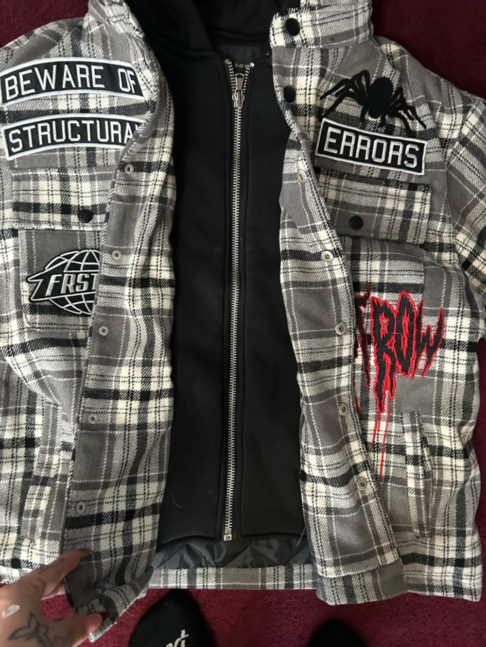 FIRST ROW-Gray Plaid Hooded Jacket with Graphic Patches NWT 🔥 - Picture 2 of 7